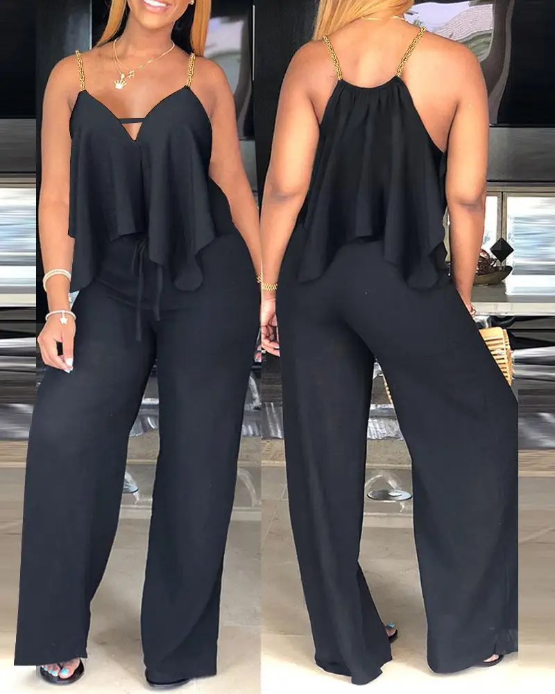 Sexy Women's Jumpsuit 2023 Summer Fashion Ruffle Hem Chain Strap V-Neck Casual Plain Sleeveless Drawstring Jumpsuit Black
Sexy Women's Jumpsuit 2023 Summer Fashion Ruffle Hem Chain Strap V-Neck Casual Plain Sleeveless Drawstring Jumpsuit Black