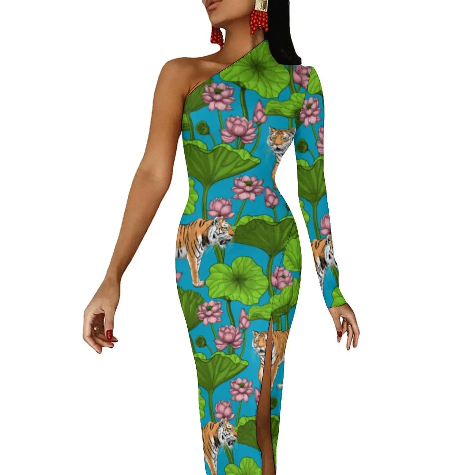 Платье-Макси женское на одно плечо, с принтом тигра 
Платье-Макси женское на одно плечо, с принтом тигра