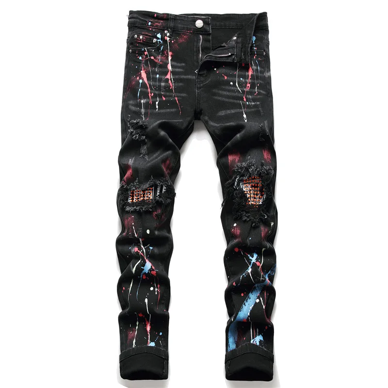 

Rock punk style design Men Stretch Denim Jeans Streetwear Painted Holes Ripped Distressed Pants Patchwork Slim Tapered Trousers