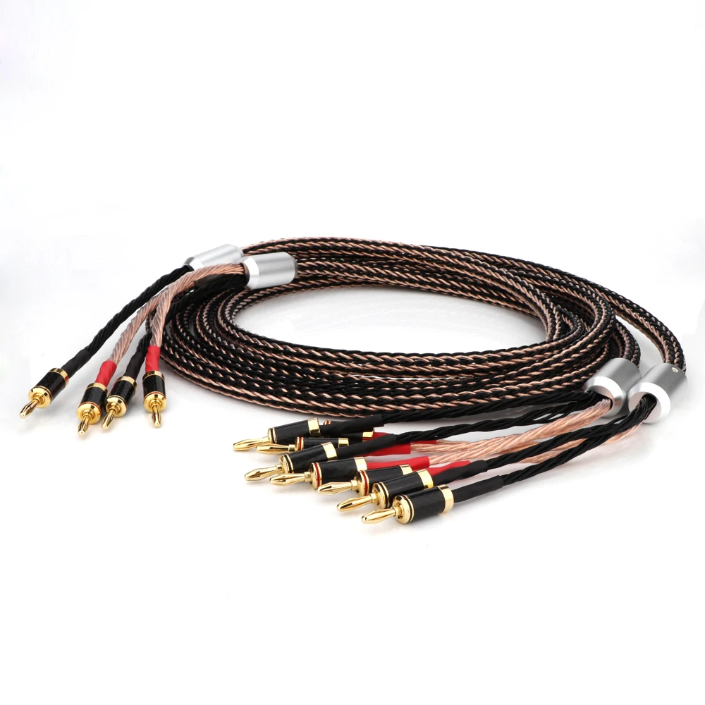

High Quality Hifi Bi Wiring Speaker Cable Hi-end OCC Speaker Wire With Carbon Fiber Banana Plug 2 bananas to 4 bananas Connector