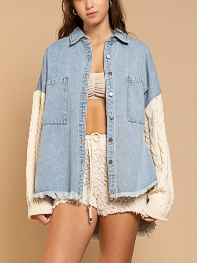 Женская джинсовая куртка с карманами, Повседневная винтажная синяя куртка с шерстяным рукавом, Офисная верхняя одежда, осень 2022
Женская джинсовая куртка с карманами, Повседневная винтажная синяя куртка с шерстяным рукавом, Офисная верхняя одежда, осень 2022