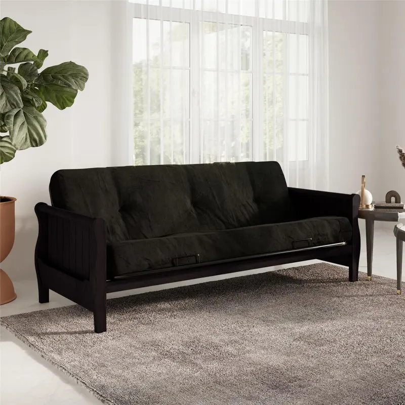 Full Size Espresso Wood Arm Futon Frame with Side Storage Pockets and 8â Black Microfiber Futon Mattress 
Full Size Espresso Wood Arm Futon Frame with Side Storage Pockets and 8â Black Microfiber Futon Mattress
