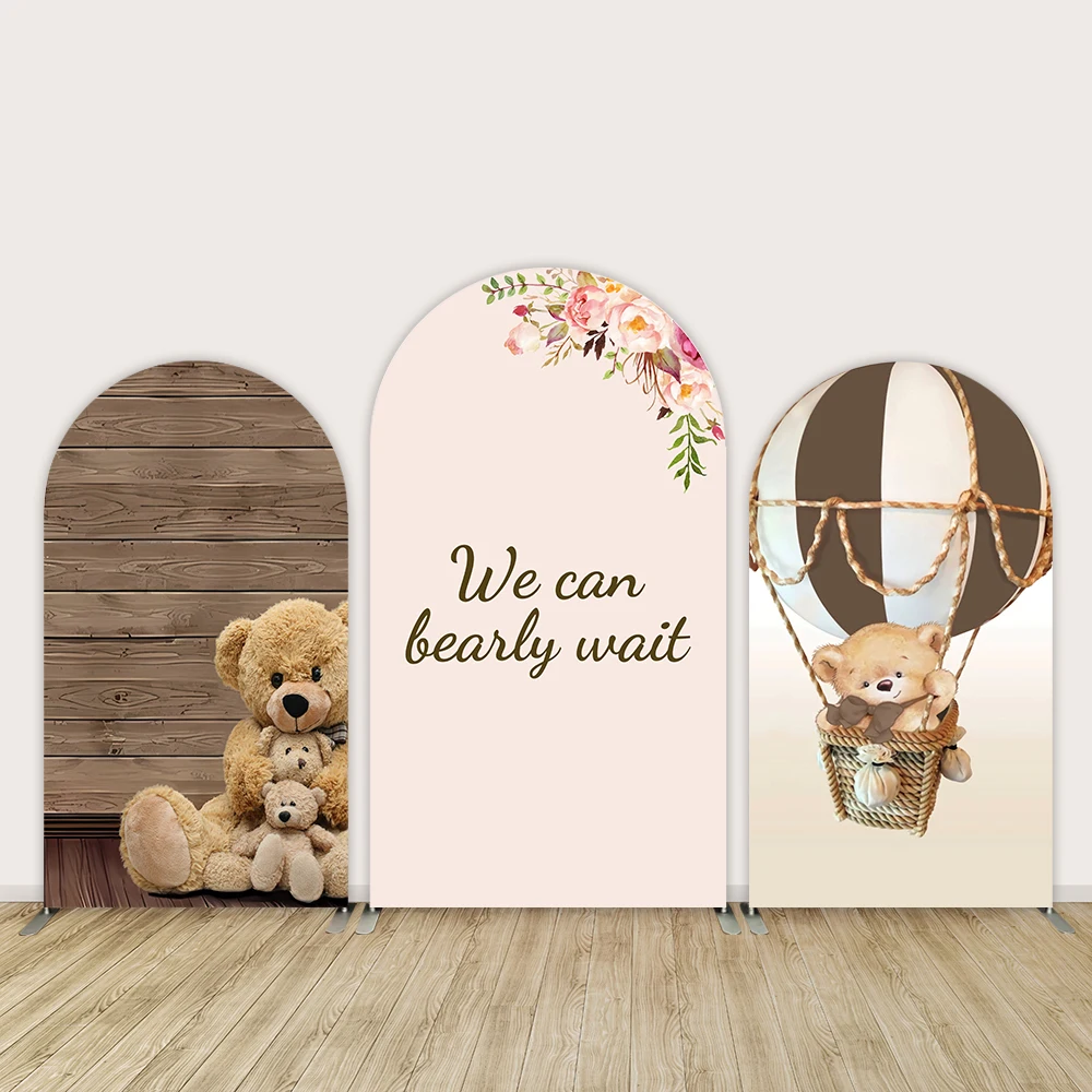 

We can Bearly Wait Bear Baby Shower Arched Cover Backdrop Wall Flower Wood Photo Background Photobooth Elastic