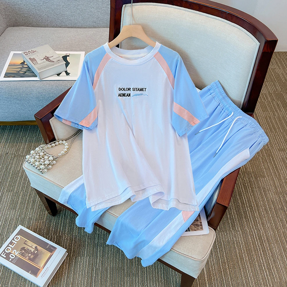 Fashion Women Cropped Pants Patchwork Top Tee Shrits Short Sleeve Two Piece Set Summer Tracksuit Korean Preppy Style
Fashion Women Cropped Pants Patchwork Top Tee Shrits Short Sleeve Two Piece Set Summer Tracksuit Korean Preppy Style
