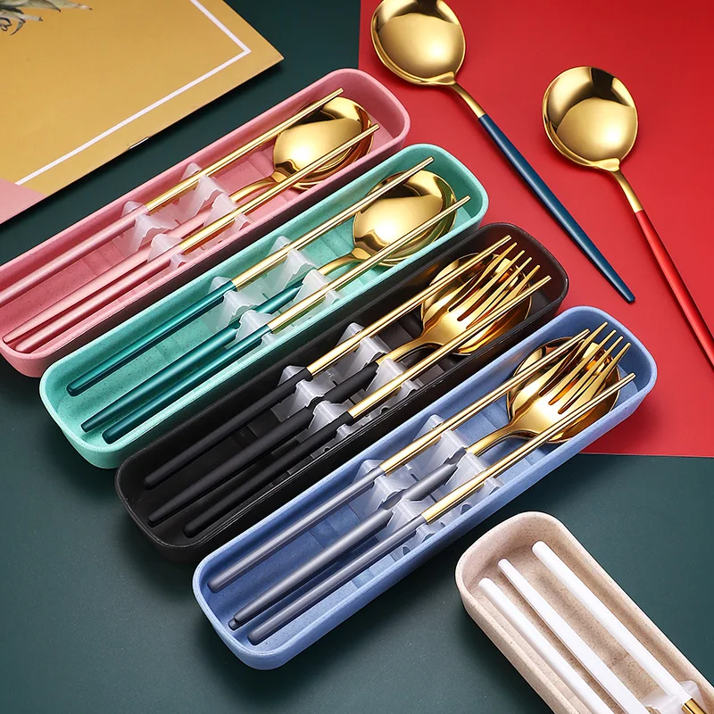 

Stainless Steel Portable Tableware Student Tableware Travel Lunch Box Three-piece Set Fork Spoon Chopsticks Set Wheat