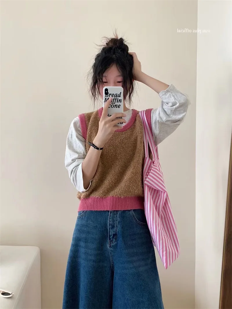 

Women's Vest Knit Tops Korean Traf Jackets Short Contrast 2023 New Layup And Age Reducing Vest Outerwear Woman Official Vests