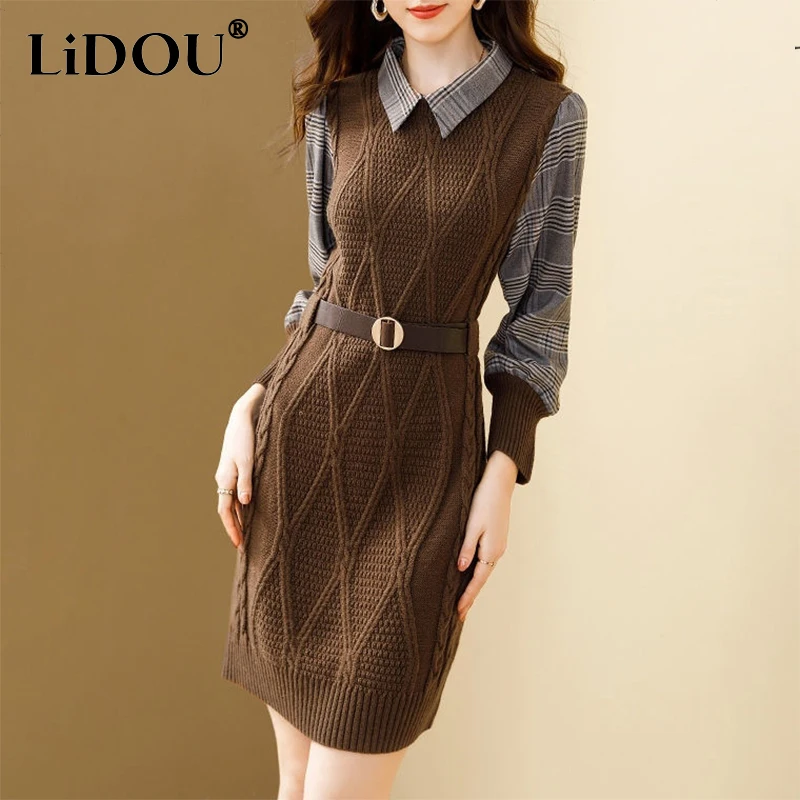 Autumn Winter Polo-neck Vintage Knitting Plaid Patchwork Midi Dress Ladies Elegant Fashion Belt Vestidos Women Casual Robe Dress
Autumn Winter Polo-neck Vintage Knitting Plaid Patchwork Midi Dress Ladies Elegant Fashion Belt Vestidos Women Casual Robe Dress