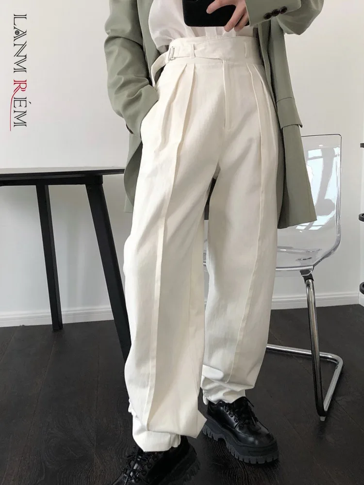 

Женские свободные брюки LANMREM, простые белые широкие брюки с высокой талией, модная плиссированная одежда, Новинка осени 2023, 26D