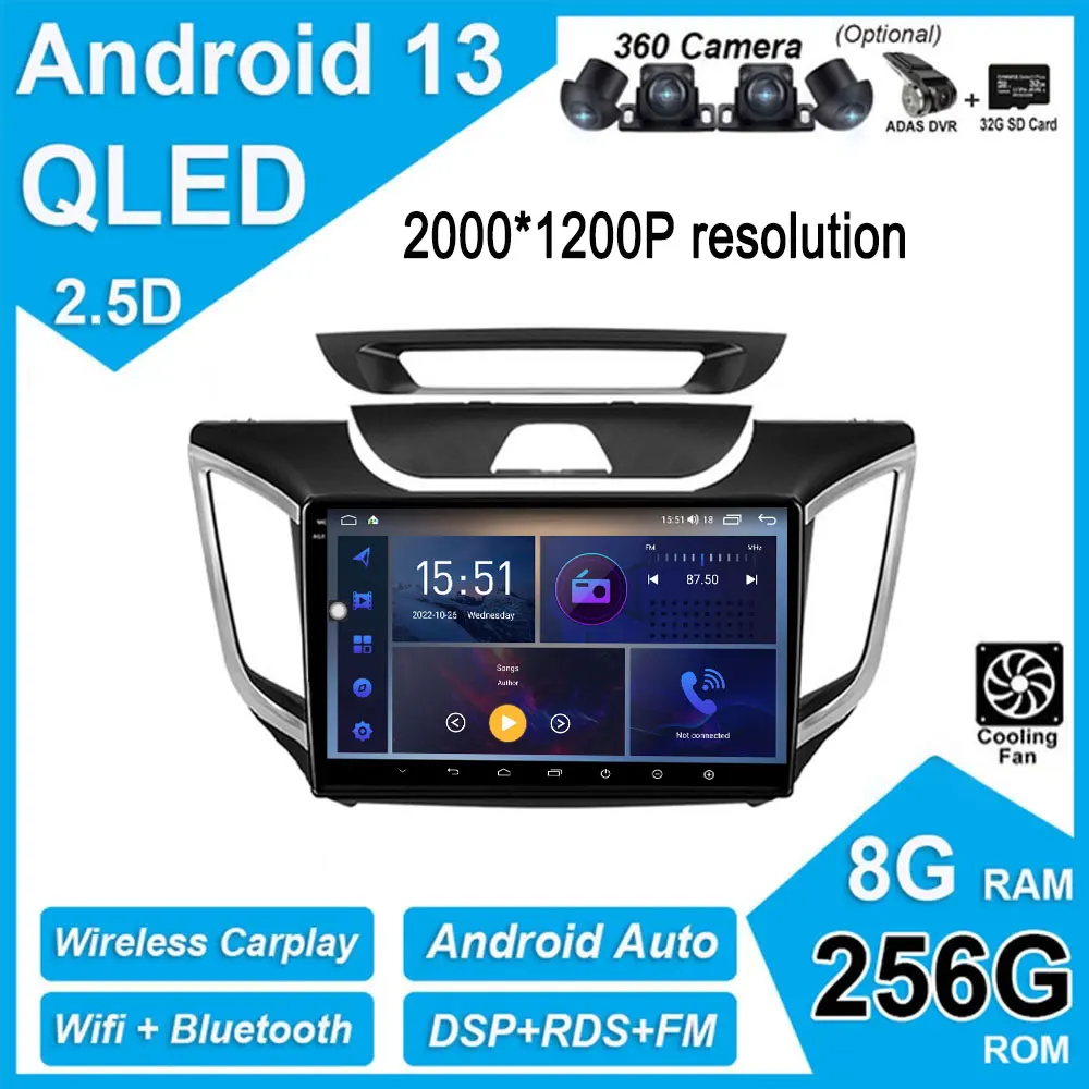 

Автомобильный радиоприемник DPS IPS QLED Android 13 для Hyundai Creta IX25 2015-2019 4G Wifi Автомобильный экран мультимедийная видеокарта навигация