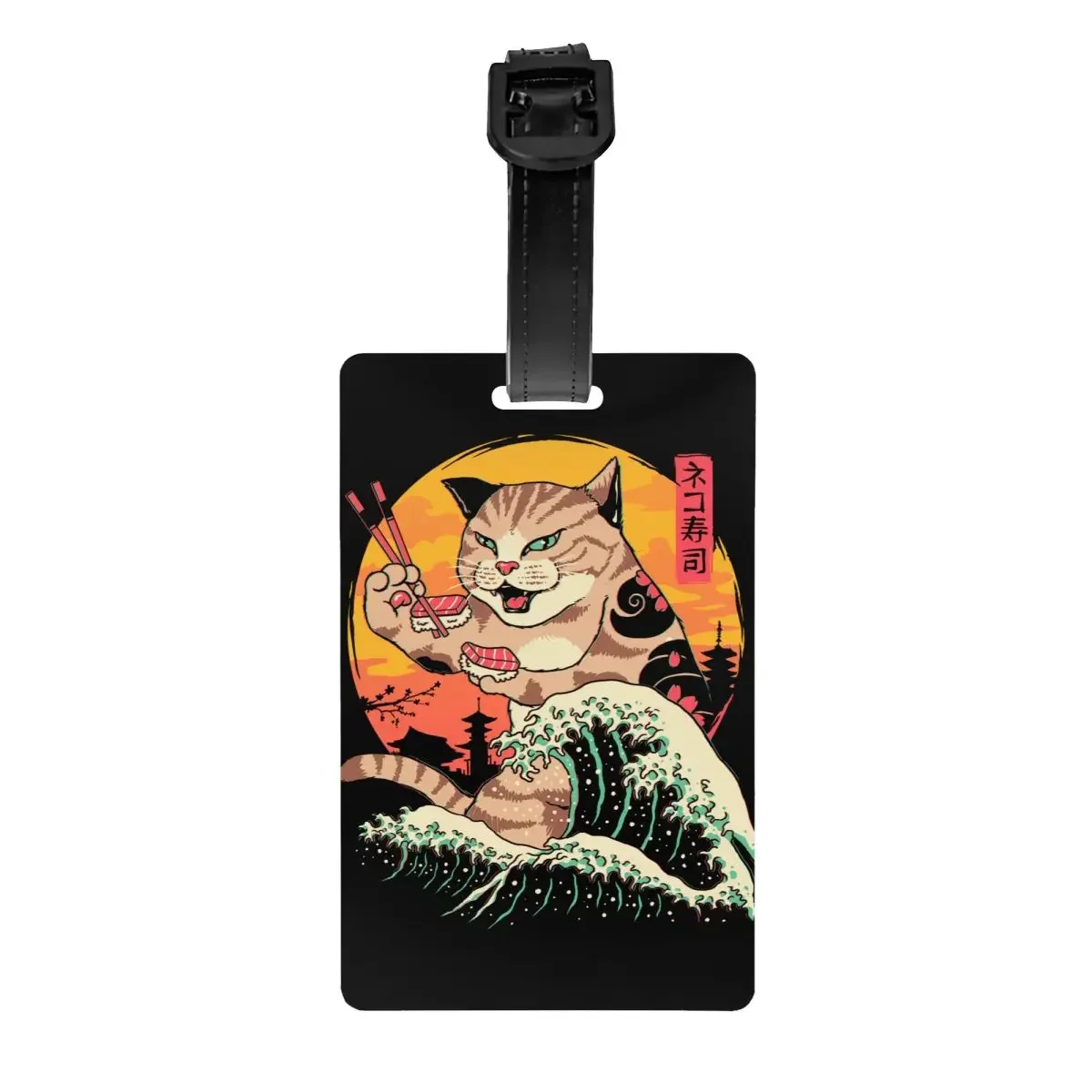 

Japanese Cat Luggage Tags for Suitcases Cute Neko Sushi Kanagawa Wave Baggage Tags Privacy Cover ID Label