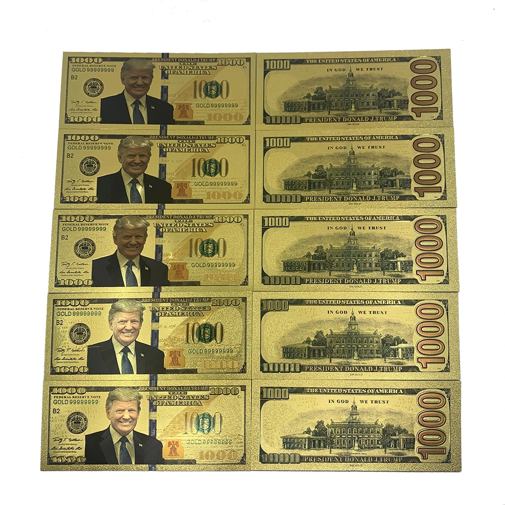 US President Donald Trump New $1000 Dollar Bill Gold plastic Banknote 24K Color Pvc Banknotes Gifts for Collection
US President Donald Trump New $1000 Dollar Bill Gold plastic Banknote 24K Color Pvc Banknotes Gifts for Collection