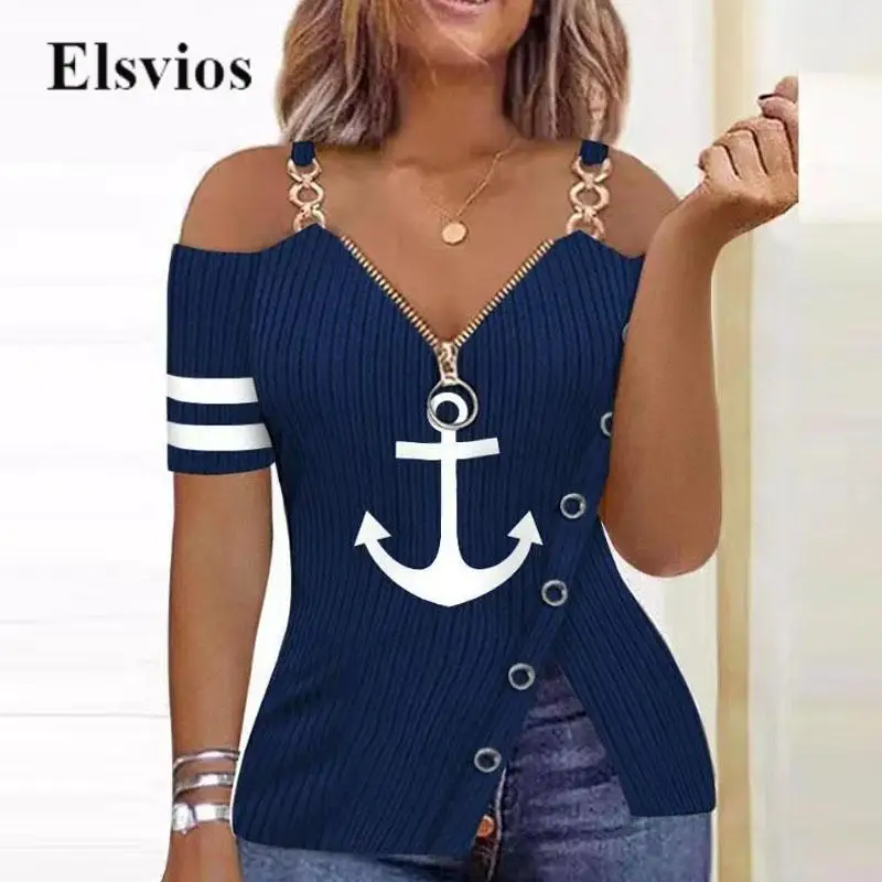 Retro Arch Navy Striped Print Women T-shirt Sexy Off Shoulder Chain Straps Ribbed Slim Tee Pullover Female Casual Tops Pullover
Retro Arch Navy Striped Print Women T-shirt Sexy Off Shoulder Chain Straps Ribbed Slim Tee Pullover Female Casual Tops Pullover