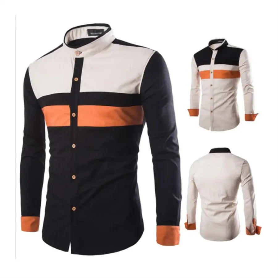 Spring new men's long sleeved shirt Korean slim button neck stand collar color matching slim shirt
Spring new men's long sleeved shirt Korean slim button neck stand collar color matching slim shirt