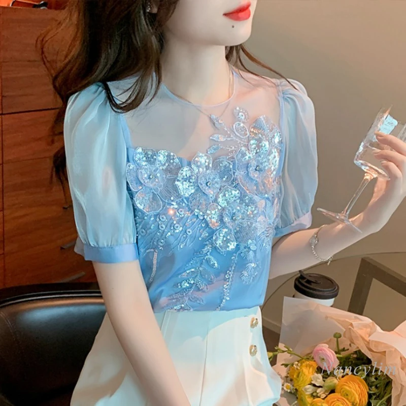 

Sequined Diamonds Short-Sleeved Top Femme 2022 Summer Korean Style Loose Lace Embroidery Solid Color Chiffon Blouses Blusas
