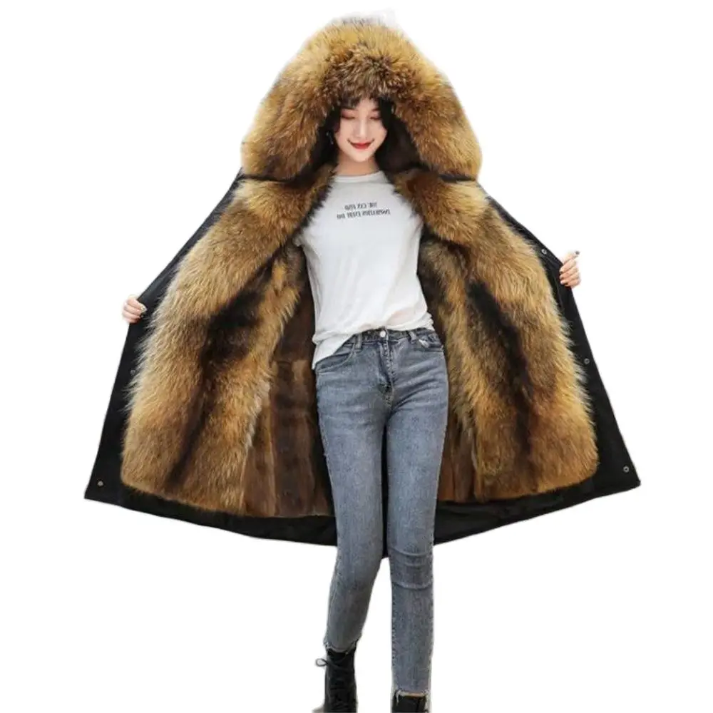 

Winter Top Parka Women Thick Imitation Fur Coat Big Fake Fur Raccoon Hooded Outerwear Keep Warm For Russian Jacket Clothing