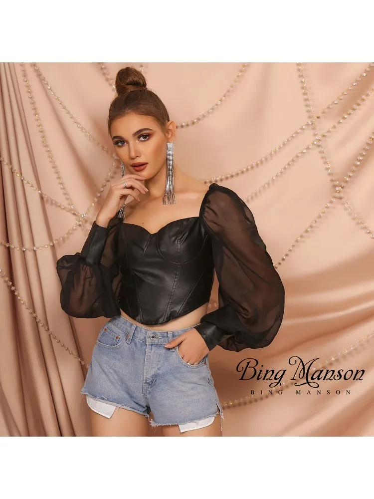 Spring Women's Sexy Fashion Square Neck Bra T-shirt with PU Leather Panel Perspective Mesh Street Clothing Long Sleeve Y2k Top
Spring Women's Sexy Fashion Square Neck Bra T-shirt with PU Leather Panel Perspective Mesh Street Clothing Long Sleeve Y2k Top