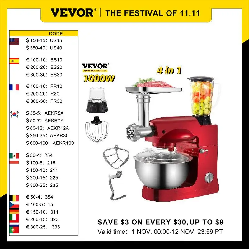 VEVOR 1000W 4in1 Planetary Mixer 5L Stainless Steel Bowl Meat Grinder Juicer Blender Cake Egg Whisk Home Kitchen Food Processor 
VEVOR 1000W 4in1 Planetary Mixer 5L Stainless Steel Bowl Meat Grinder Juicer Blender Cake Egg Whisk Home Kitchen Food Processor