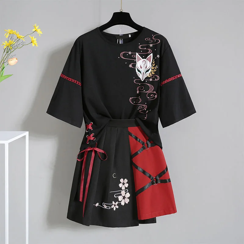 Japanese Fashion Black Anime Fox Printed Lace Up Kimono Women's Clothing 2022 Summer Improved China Hanfu Top Skirt 2 Piece Set
Japanese Fashion Black Anime Fox Printed Lace Up Kimono Women's Clothing 2022 Summer Improved China Hanfu Top Skirt 2 Piece Set