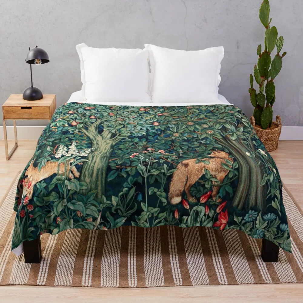 

GREENERY, FOREST ANIMALS Fox and Hares Blue Green Floral Tapestry Throw Blanket Custom Blankets