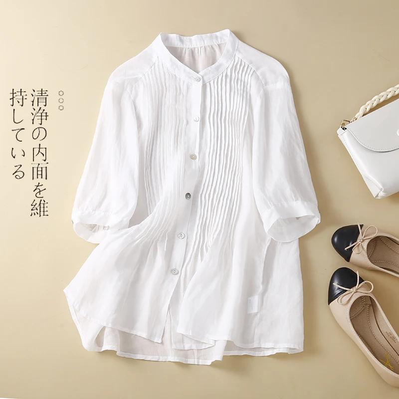 White Stand Collar Top Women's Summer Loose Solid Color Versatile Thin Cotton Linen Short Sleeved Shirt
White Stand Collar Top Women's Summer Loose Solid Color Versatile Thin Cotton Linen Short Sleeved Shirt