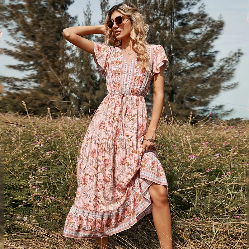 Spring Summer Floral Short Sleeve Dress For Women Holiday Streetwear V Neck A Line Long Dress Lady Casual Vestidos
Spring Summer Floral Short Sleeve Dress For Women Holiday Streetwear V Neck A Line Long Dress Lady Casual Vestidos