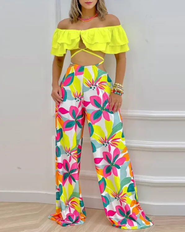 Flower Printed Pants Set Ruffle Sexy Off Shoulder Crop Top and Hem Wide Leg Pants Set Summer 2022 New Fashion 2-piece Set
Flower Printed Pants Set Ruffle Sexy Off Shoulder Crop Top and Hem Wide Leg Pants Set Summer 2022 New Fashion 2-piece Set