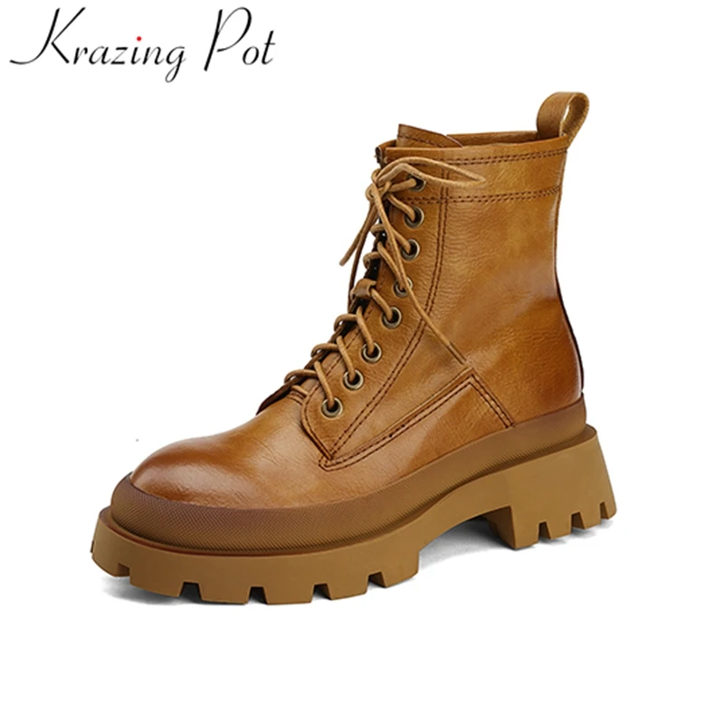 Krazing Pot Handmade Cow Leather Thick Heel Lace Up Motorcycles Chelsea Boots Warm Winter Shoes Retro Concise Brand Ankle Boots
Krazing Pot Handmade Cow Leather Thick Heel Lace Up Motorcycles Chelsea Boots Warm Winter Shoes Retro Concise Brand Ankle Boots