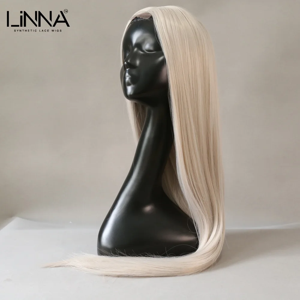 

LINNA Long Straight White Synthetic Lace Wig For Women 26 Inch Grey Blonde Wigs High Temperature Fiber Daily Party Cosplay Wig