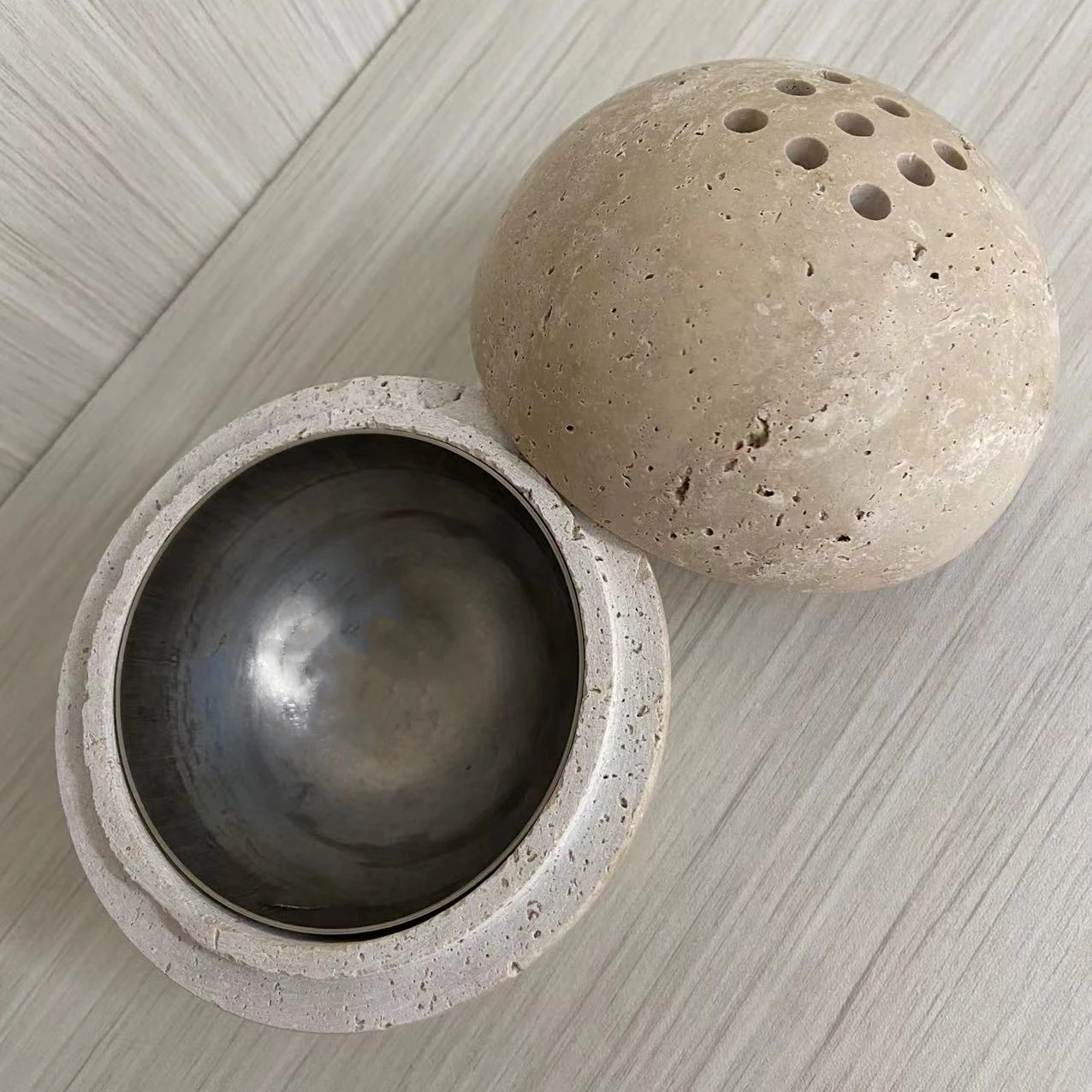 Travertine Stone Incense Burner Aromatherapy Ball with Stainless Steel Bowl and Copper Gourd Incense Coil Plinth Base
Travertine Stone Incense Burner Aromatherapy Ball with Stainless Steel Bowl and Copper Gourd Incense Coil Plinth Base