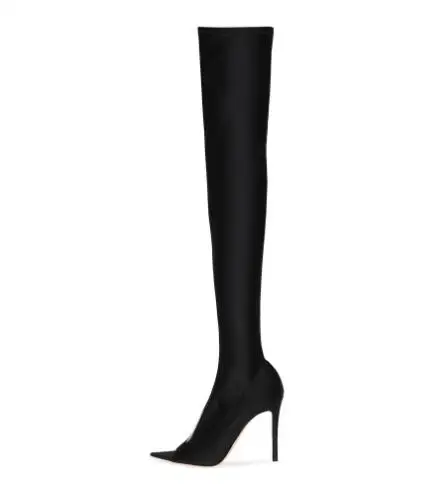 

New Spring Black Lycra Clear PVC Patchwork Peep Toe Over The Knee Boots Woman Fashion Slim Elastic Thigh Long Botas Size 46