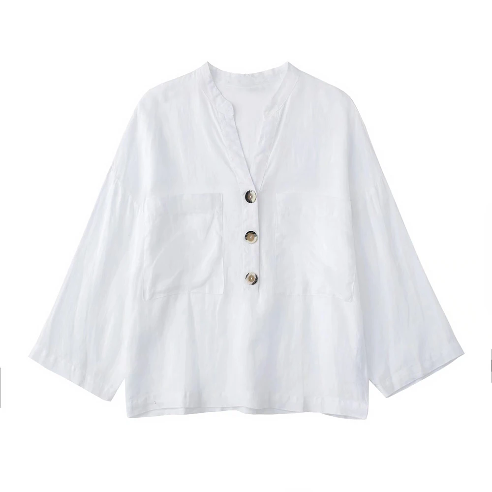 Women's chic V-neck single breasted linen long sleeve shirt retro casual pocket trim back ruffled loose women's top
Women's chic V-neck single breasted linen long sleeve shirt retro casual pocket trim back ruffled loose women's top