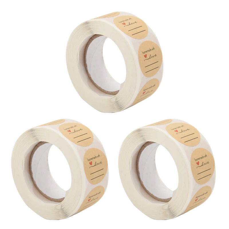 

3Pcs 1 Inch Homemade With Love Sticker With Lines For Writing /1 Inch Round 500 Labels Per Roll