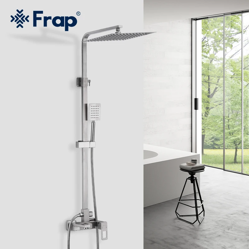 

Frap Brushed Shower Faucet Bathroom Faucets Wall Mounted Bracket Faucet Cold Hot Water Mixer Stainless Steel Rainfall System