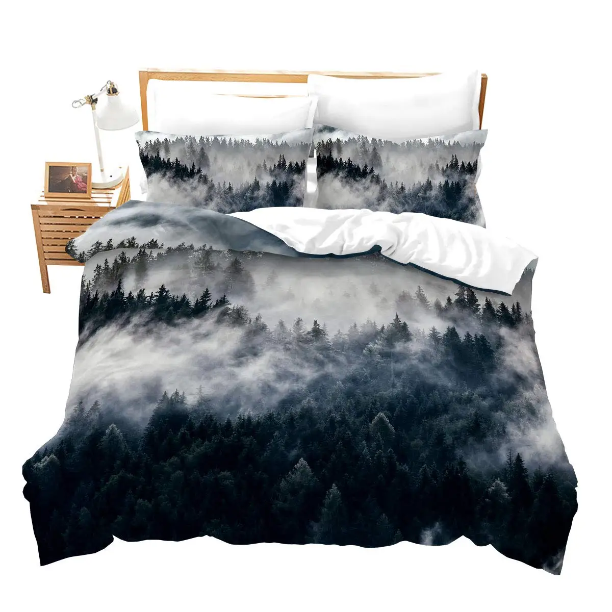 

Mountain Bedding Set Forest Duvet Cover Queen/King Size,Nature Scene Grey Trees Art Folk Style 2/3pcs Polyester Comforter Cover