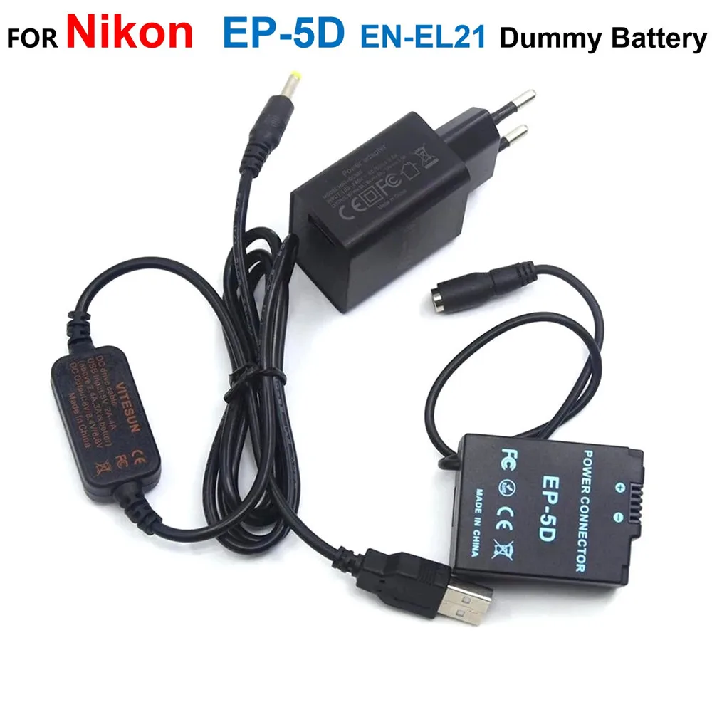 

5V USB Power Cable + QC3.0 USB Charger + EP-5D EP5D DC Coupler ENEL21 EN-EL21 Dummy Battery For Nikon 1 V2 1V2 Cameras