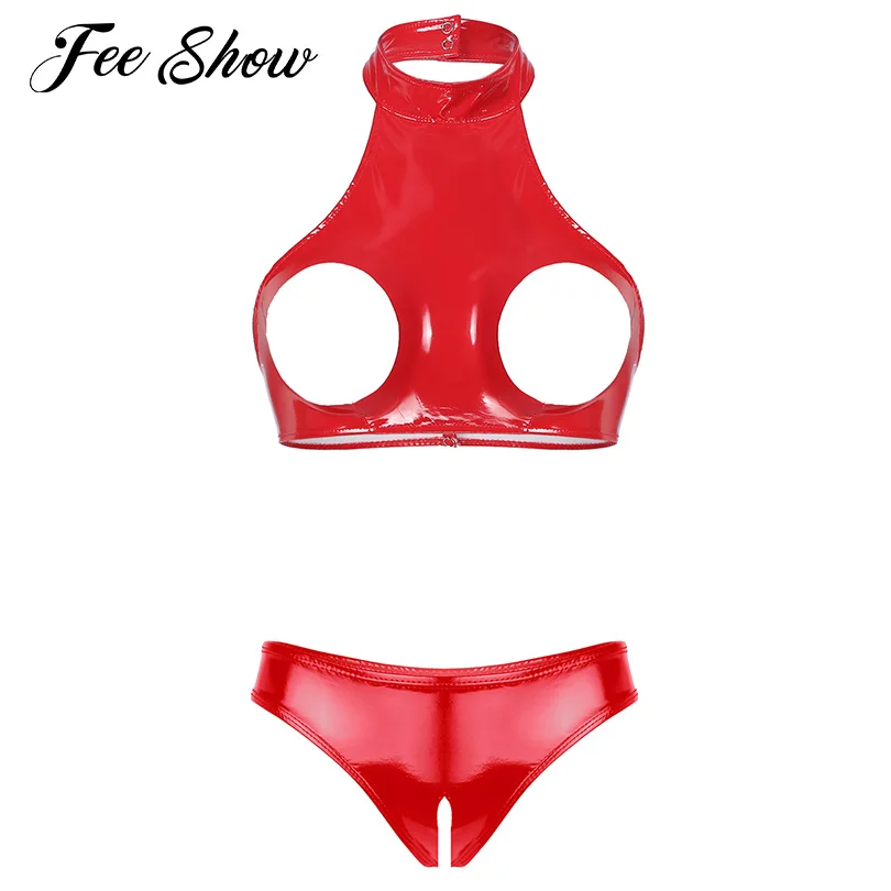 Women Lingerie Set Wet Look Patent Leather Outfit Sleeveless Halter Open Bust Backless Crop Top with Open Crotch High Cut Briefs
Women Lingerie Set Wet Look Patent Leather Outfit Sleeveless Halter Open Bust Backless Crop Top with Open Crotch High Cut Briefs