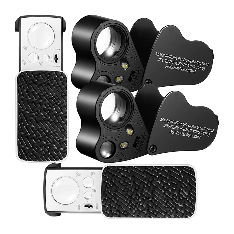 4Pcs Jewelers Loupe 30X 60X 90X Jewelers Eye Loupe Magnifier Jewelry Glass Loop Bright LED Light
4Pcs Jewelers Loupe 30X 60X 90X Jewelers Eye Loupe Magnifier Jewelry Glass Loop Bright LED Light
