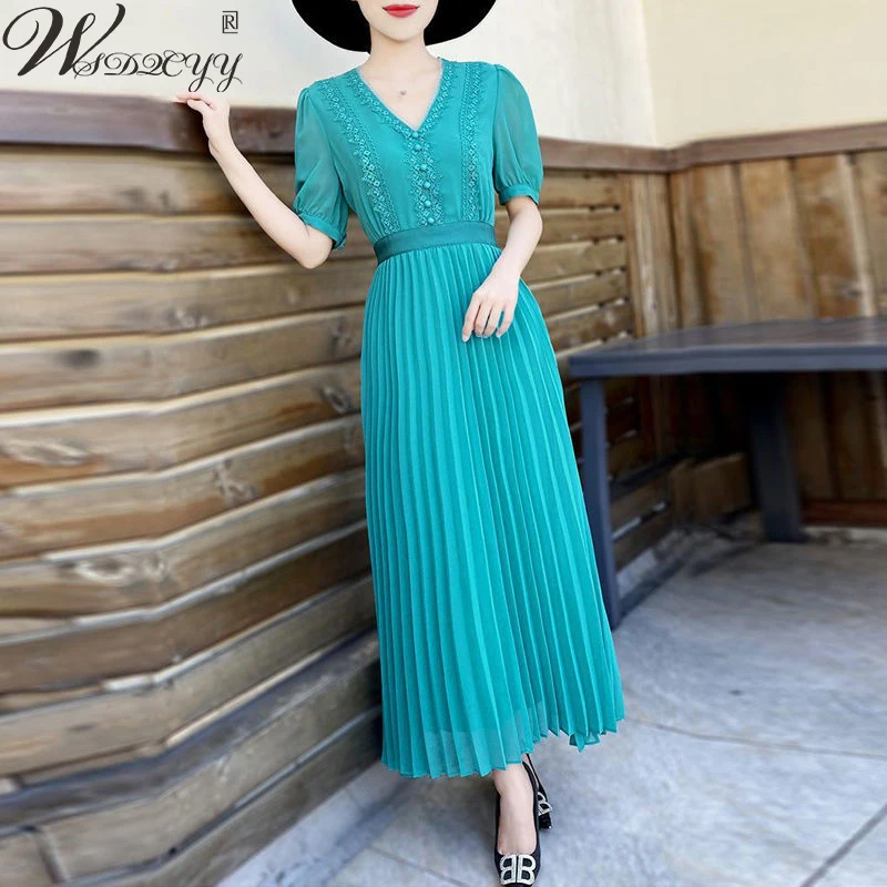 Lace Patchwork Long Dress For Women Casual High Waist Chiffon Pleated Dress Ladies Elegant Solid Colors Short Sleeve Prom Dress
Lace Patchwork Long Dress For Women Casual High Waist Chiffon Pleated Dress Ladies Elegant Solid Colors Short Sleeve Prom Dress