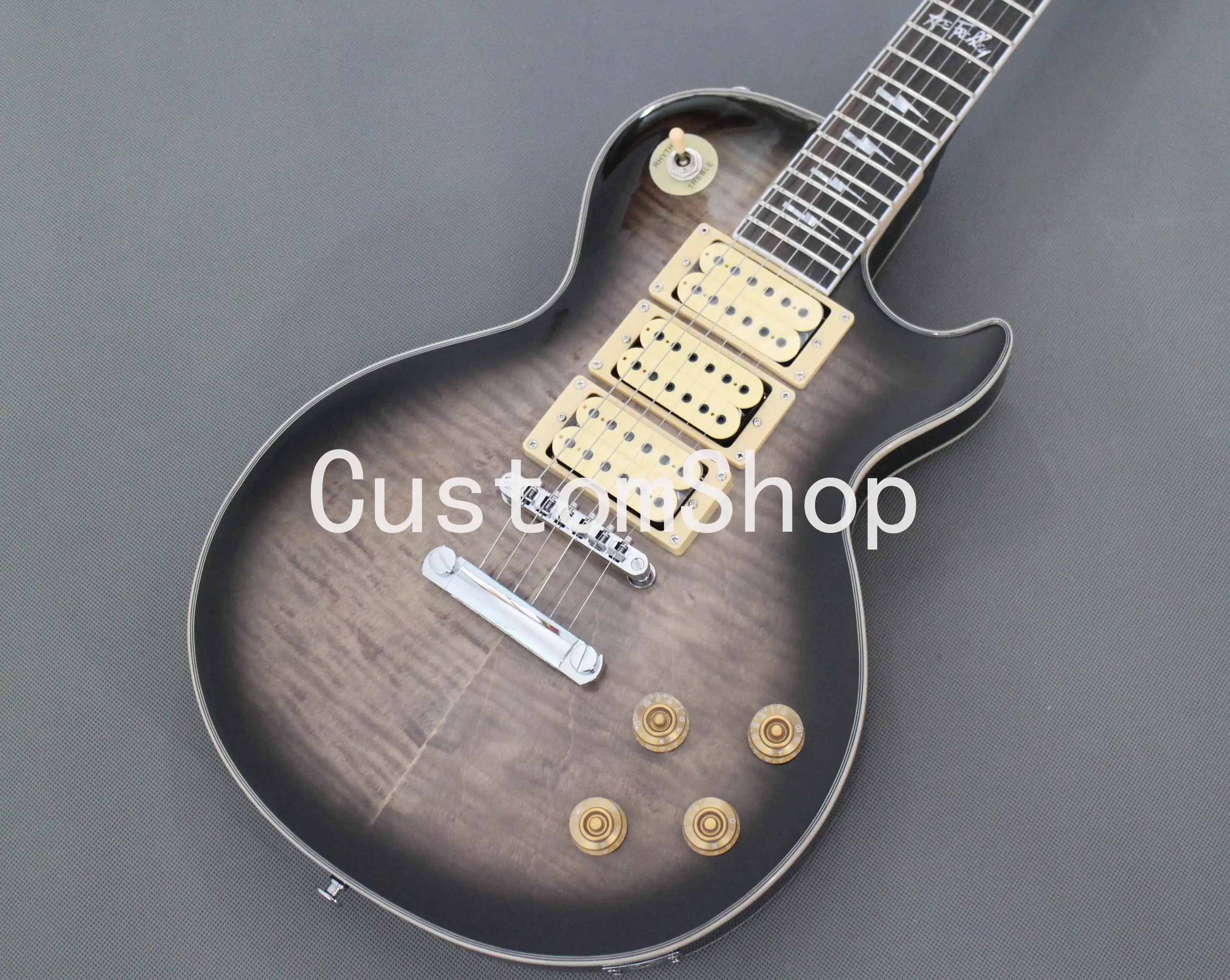 

Ace Frehley Budokan Signed Trans Black Grey Burst Flame Maple Top Electric Guitar 3 Cream Pickups, Lightening Bolt Inlay