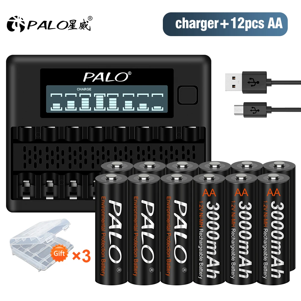 

PALO 1.2V AA NIMH Rechargeable Battery AA Cell 3000mAh 2A NI-MH Battery AA Batteries With LCD AA AAA NI-MH Battery Charger