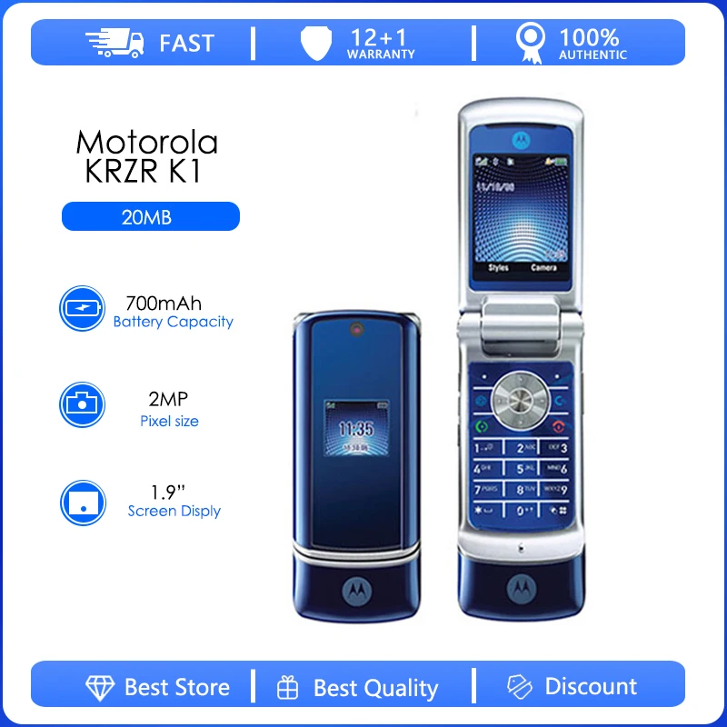 Motorola Krzr K1 Flip Восстановленный Оригинальный разблокированный GSM MP3 FM радио Телефон