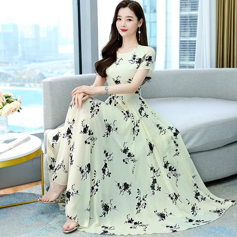 2022 Summer Dress Elegant Round Neck Short Sleeve Chiffon Print Slim Black Dresses Women
2022 Summer Dress Elegant Round Neck Short Sleeve Chiffon Print Slim Black Dresses Women