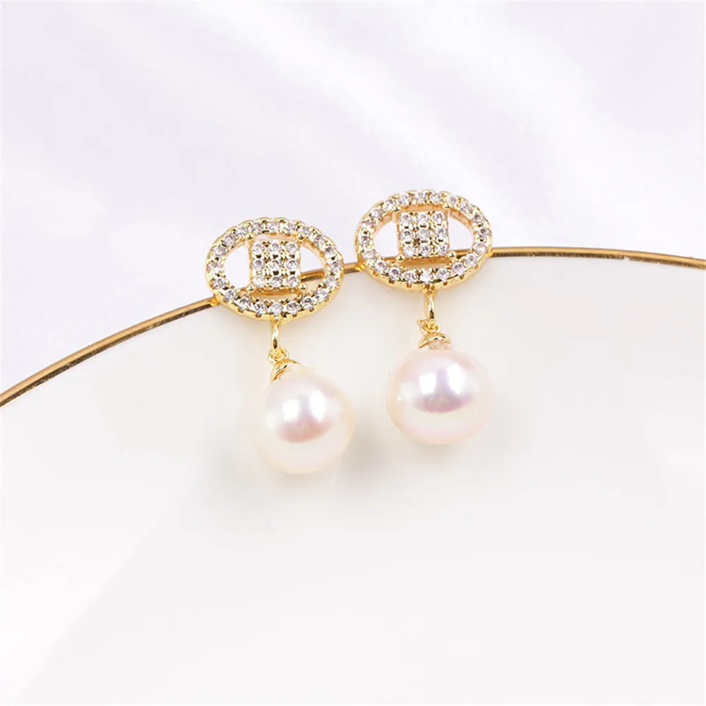 

Domestic 14k Gold Plated Color Retaining Geometric Inlaid Zircon Pearl Earrings DIY Accessories for Women
