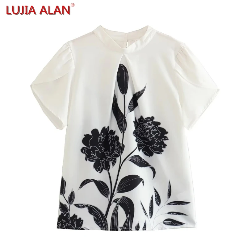 Summer New Women Stand Collar Placement Printed Blouse Female Petal Sleeve Shirt Casual Loose Tops LUJIA ALAN B1969
Summer New Women Stand Collar Placement Printed Blouse Female Petal Sleeve Shirt Casual Loose Tops LUJIA ALAN B1969