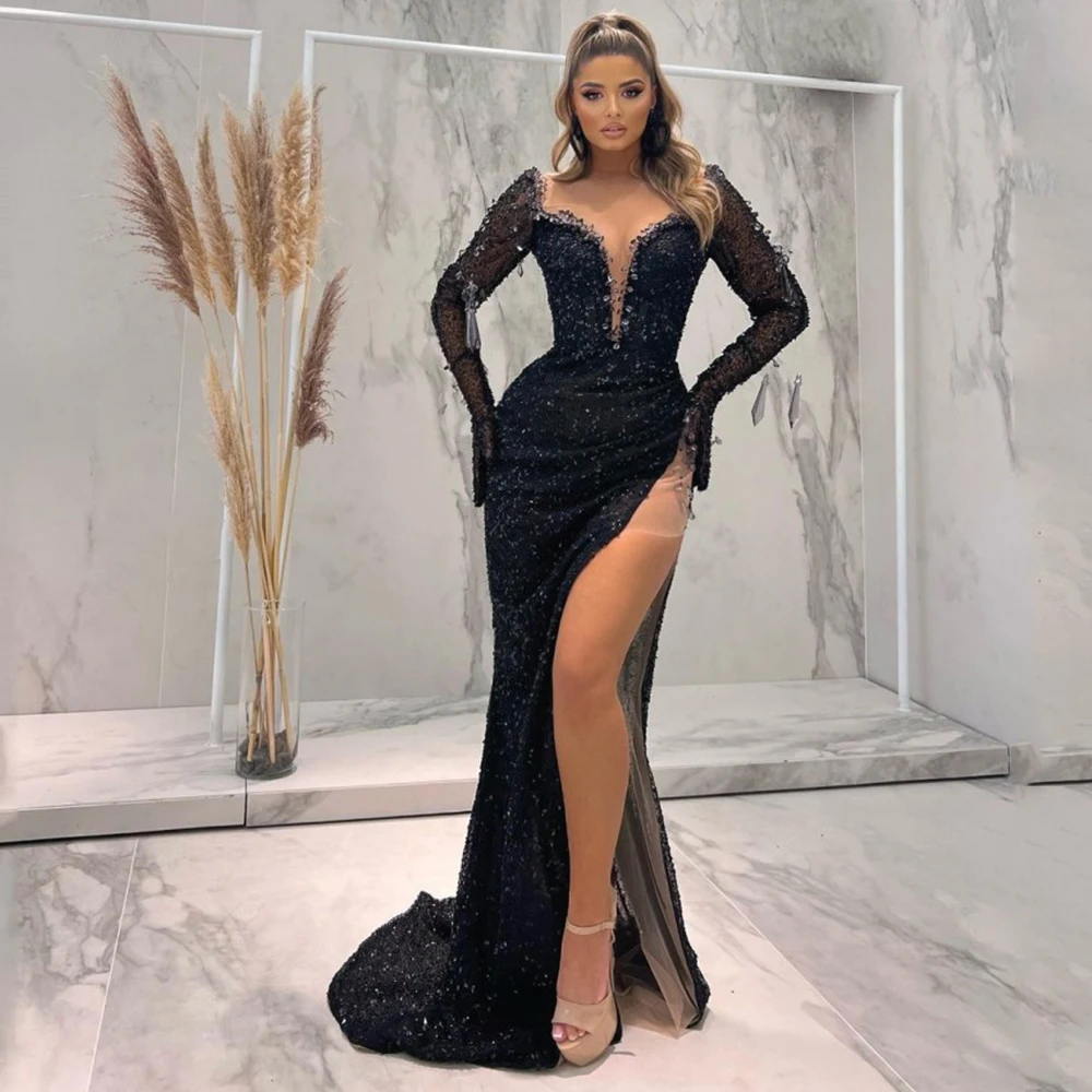 Black Sequin Prom Dress 2022 Long Sleeves Deep V Neck Sexy Evening Dresses Long High Side Slit Mermaid Party Dresses for Women
Black Sequin Prom Dress 2022 Long Sleeves Deep V Neck Sexy Evening Dresses Long High Side Slit Mermaid Party Dresses for Women