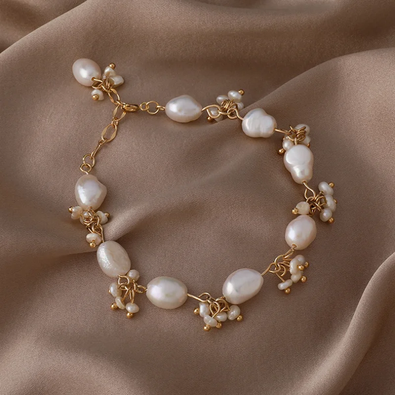 

Minar Korean Fashion Baroque Freshwater Pearl Beaded Bracelet for Women Multi Pearls Strand Charm Bracelets Daily Accessories