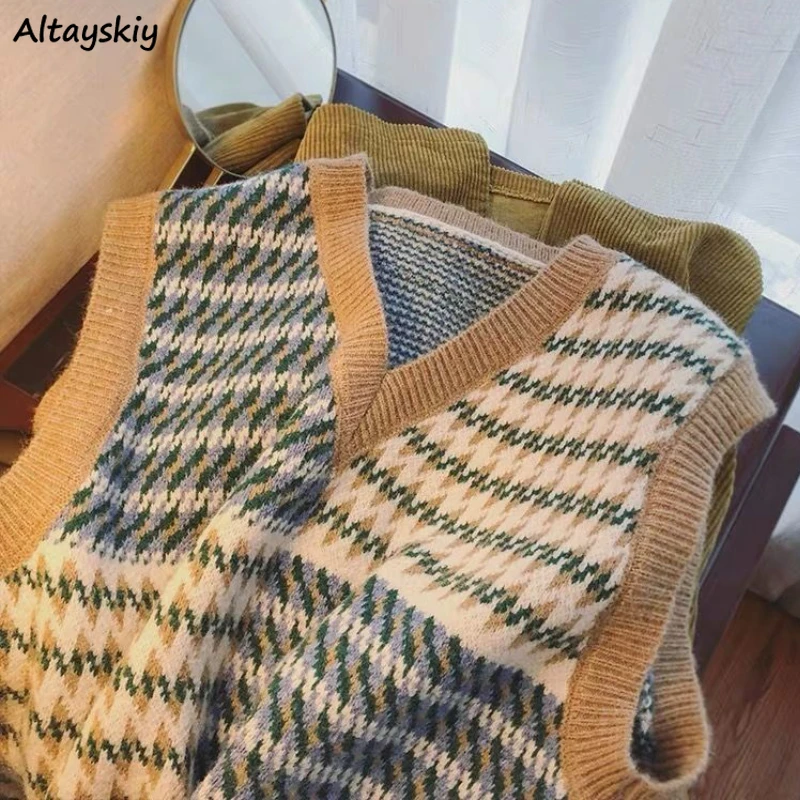 

Sweater Vests Women Argyle-plaid Loose V-neck Knitted Retro Teens Preppy Young Chic Ulzzang Casual Vintage Basics Holiday Tender