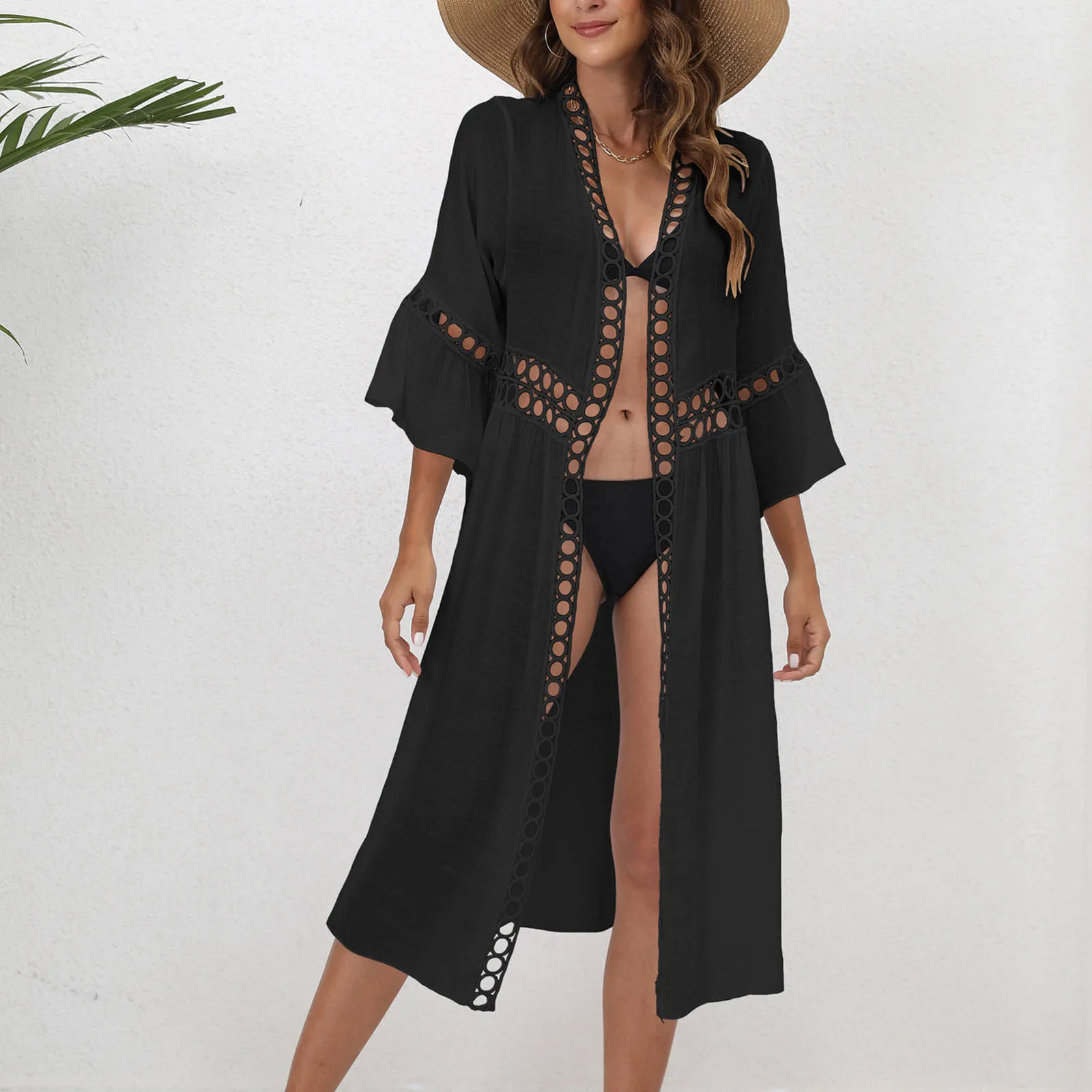 

Womens Seaside Resort Cover Ups Blouse Loose 3/4 Sleeve Lace Splicing Sunscreen Long Cardigan Cover Ups for Swimwear Beachwear