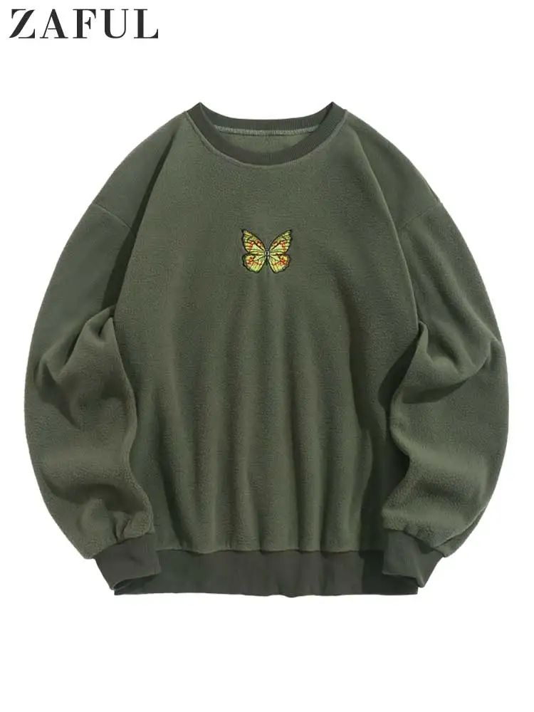 

ZAFUL Hoodie for Men Butterfly Embroidery Fuzzy Polar Fleece Sweatshirt Unisex Streetwear Pullover Fall Winter O-Neck Jumper Top