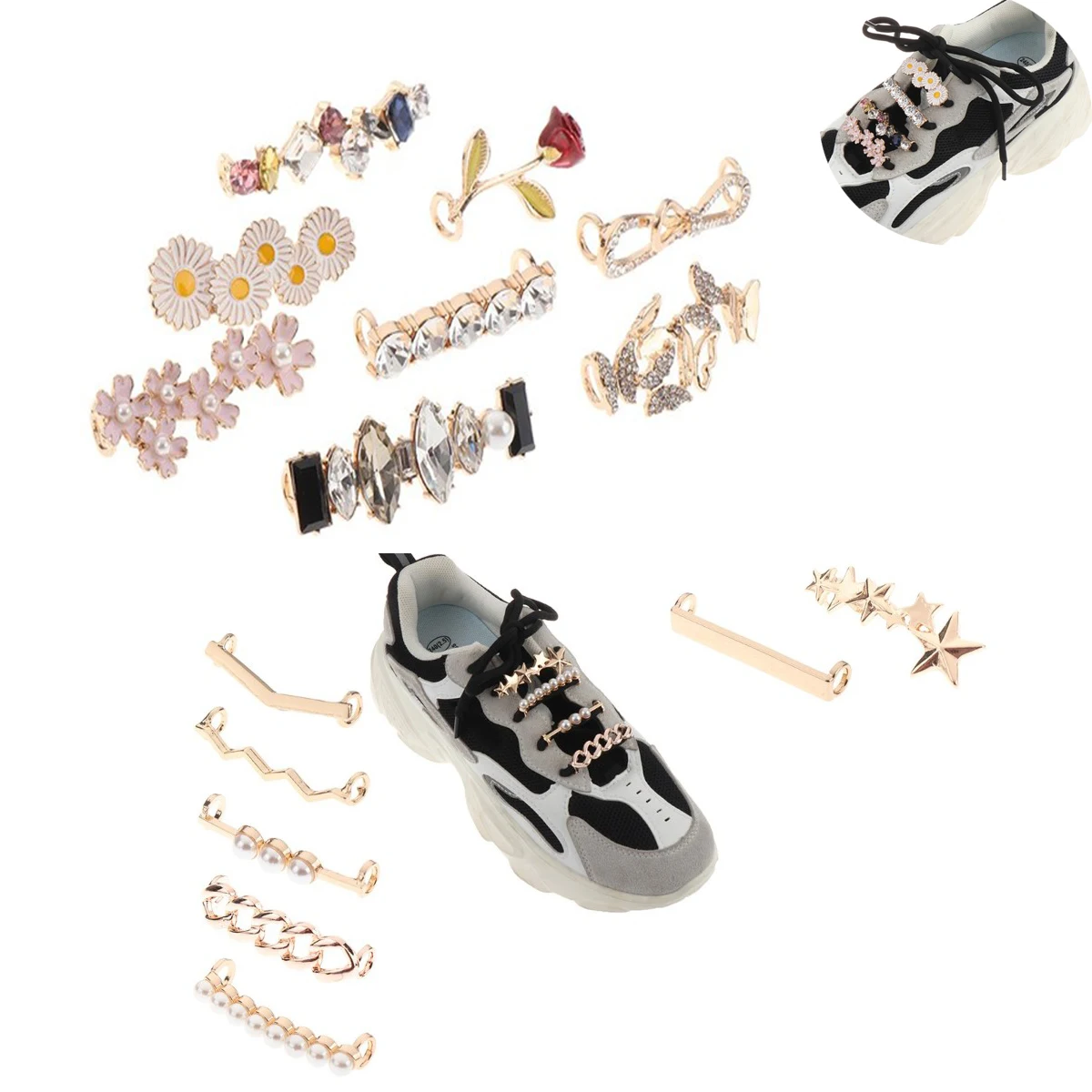 Sneakers Shoelaces Decoration Metal Shoelace Buckle Pearl Shoes Charm Accessories Shiny Rhinestones Women Shoe laces Decorative
Sneakers Shoelaces Decoration Metal Shoelace Buckle Pearl Shoes Charm Accessories Shiny Rhinestones Women Shoe laces Decorative